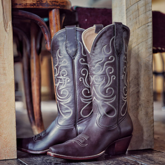 Brown Snip-Toe Curving Embroidery Mid Calf Cowgirl Boots
