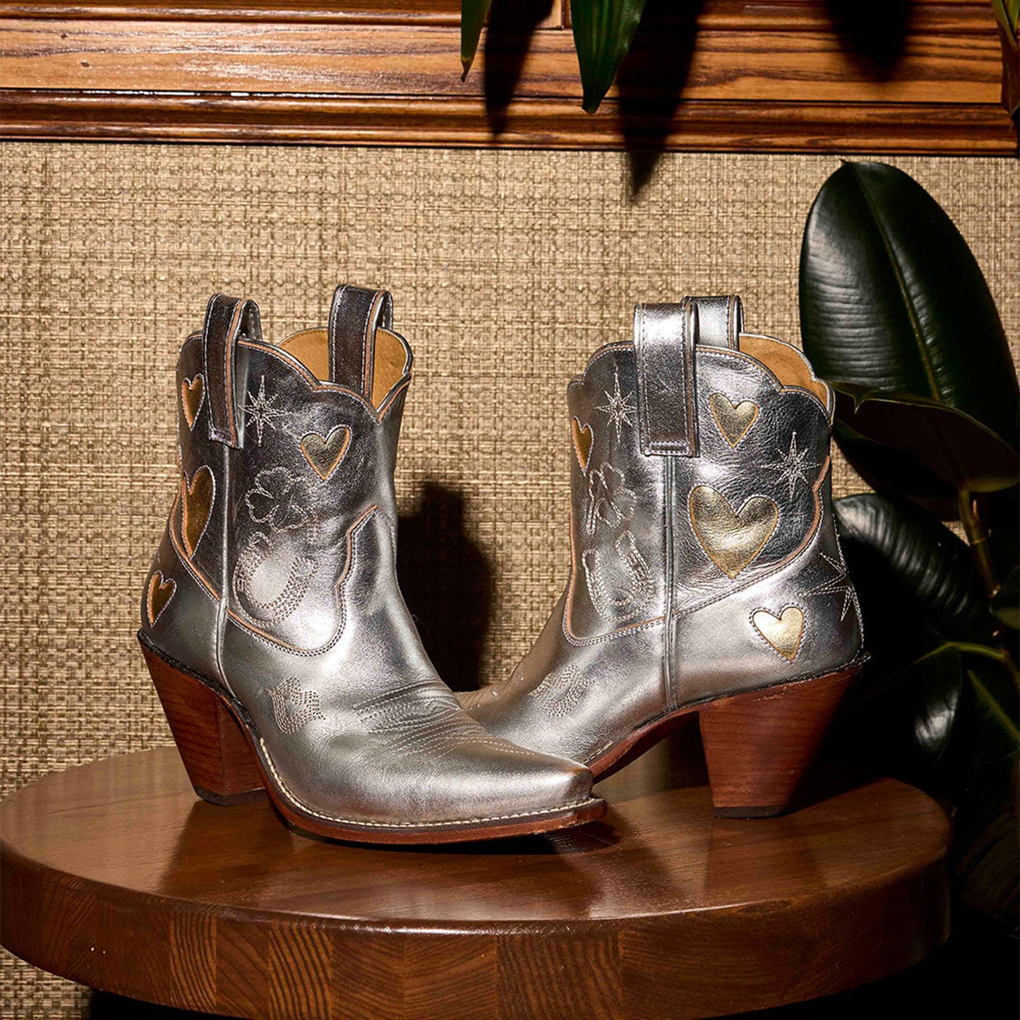 Metallic Silver Snip-Toe Embroidery Metallic Gold Heart Inlay Ankle Cowgirl Boots