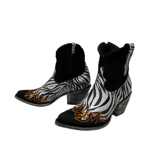 Contrast Black And Zebra Print Almond-Toe Embroidery Full-Zip Cowgirl Ankle Boots