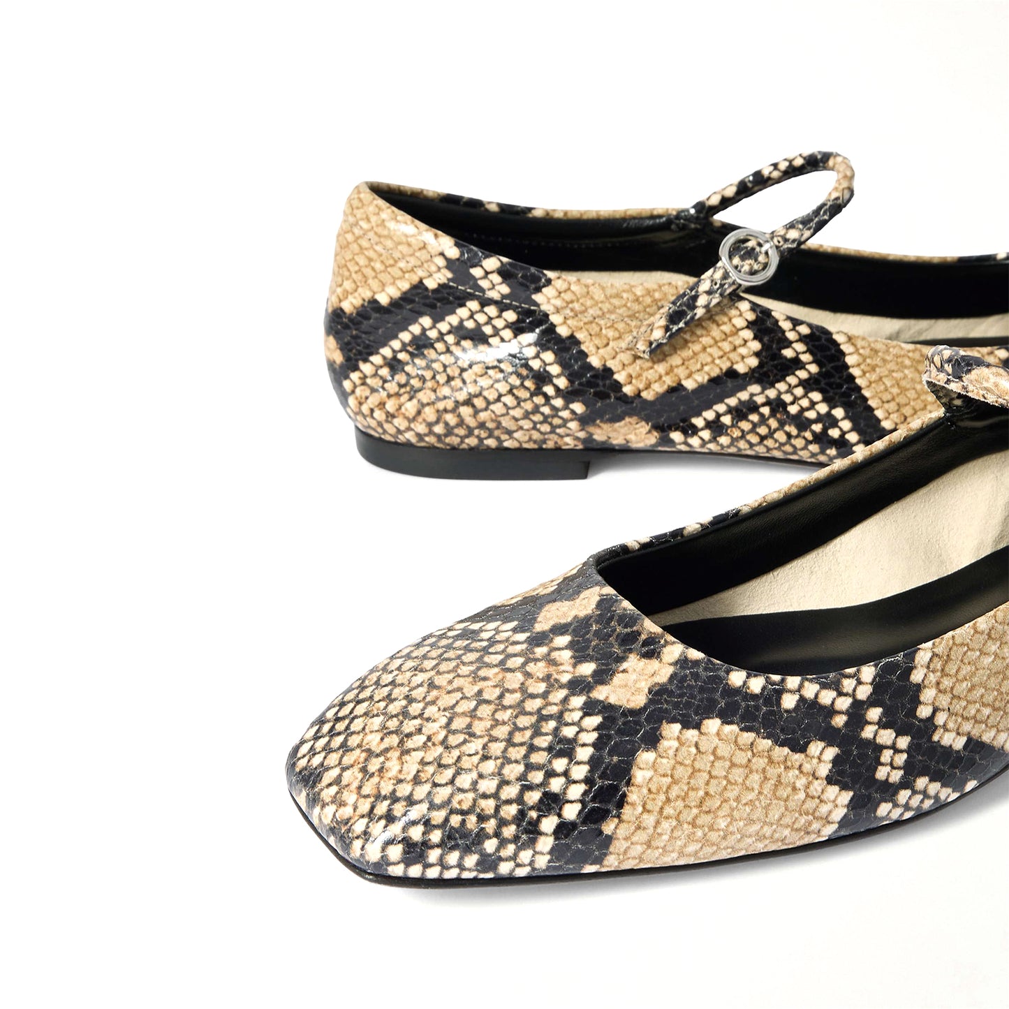 Snakeskin Print Vegan Leather Square-Toe Mary Jane Ballet Flats