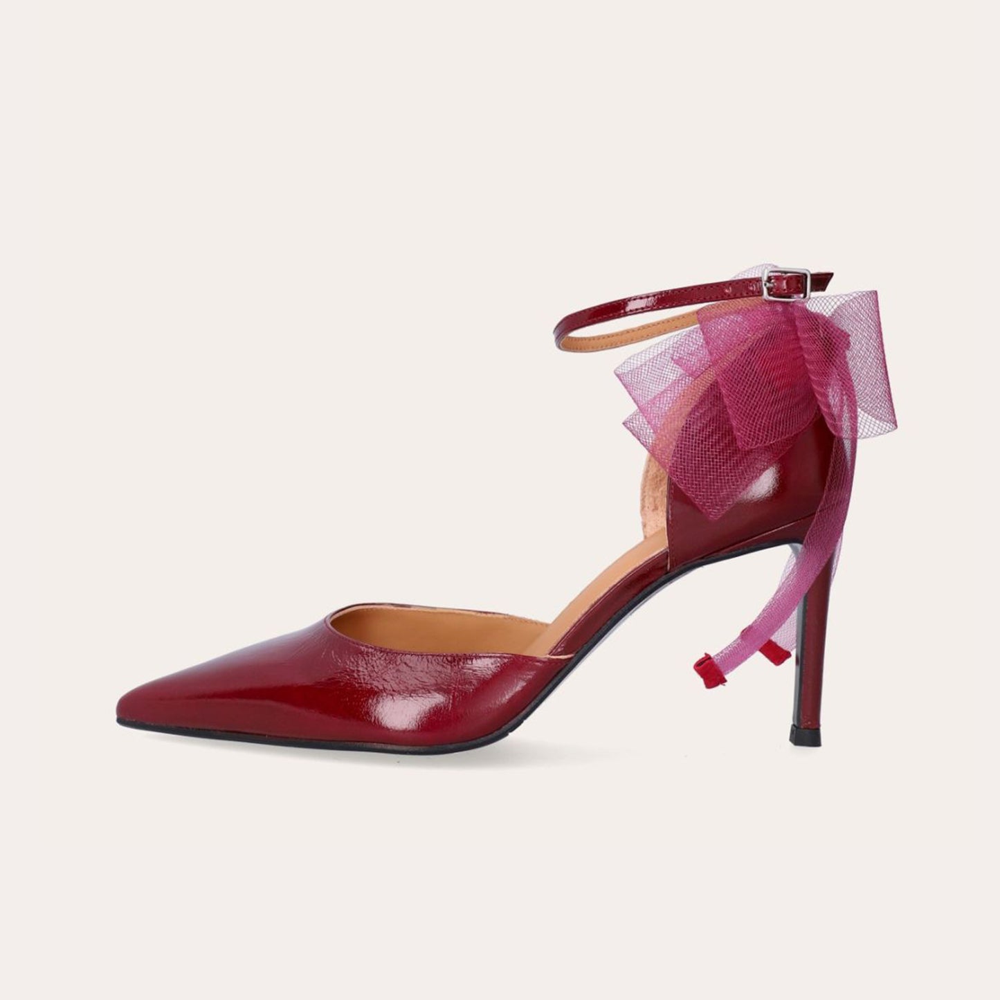 Red Pointed-Toe Chic Back Big Mesh Bow And Ankle Strap High Heels