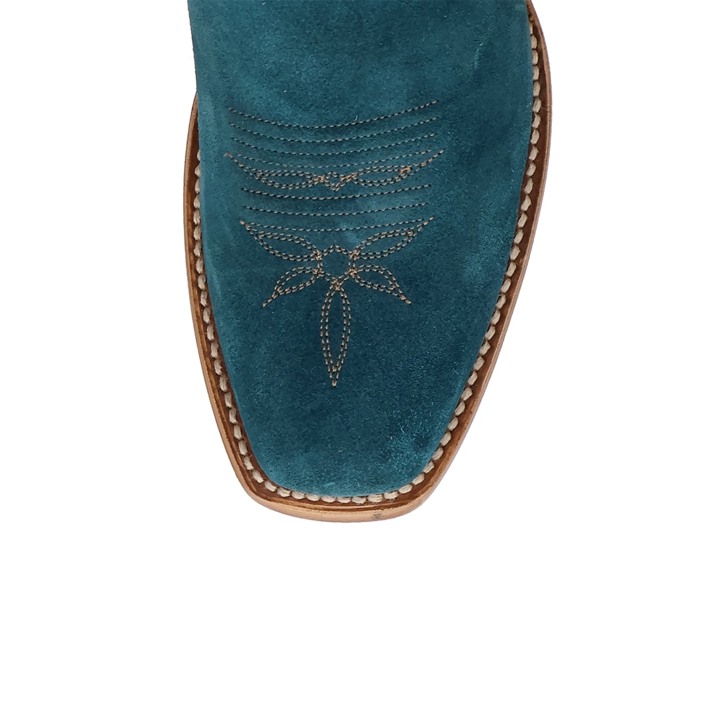 Contrast Ivory Vegan Leather And Turquoise Faux Suede Square-Toe Embroidery Mid Calf Cowgirl Boots