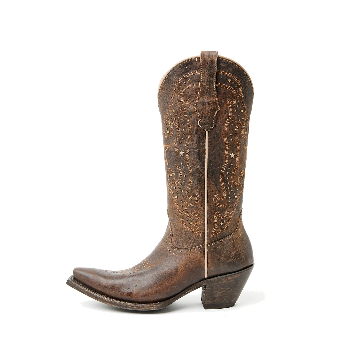 Brown Snip-Toe Stars Studs And Embroidery Mid Calf Cowgirl Boots