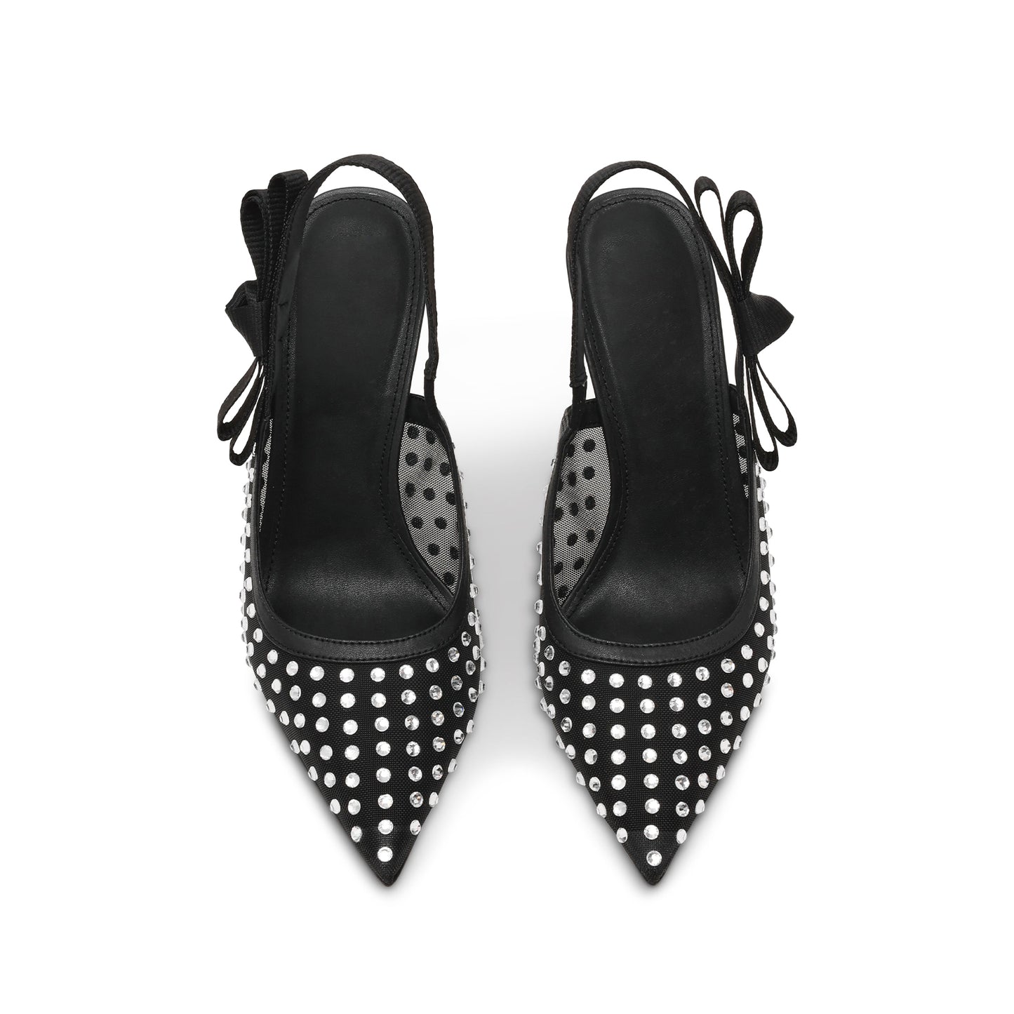Black Mesh Rhinestones Pointed-Toe Slingback With Bow High Heels Pumps