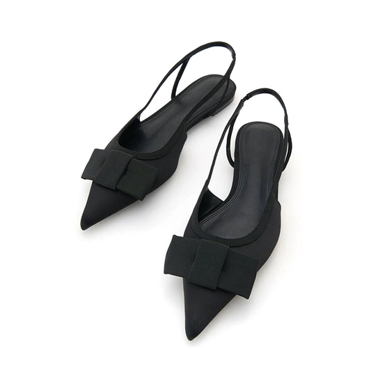 Black Satin Pointed-Toe Front Bow Slingback Flats