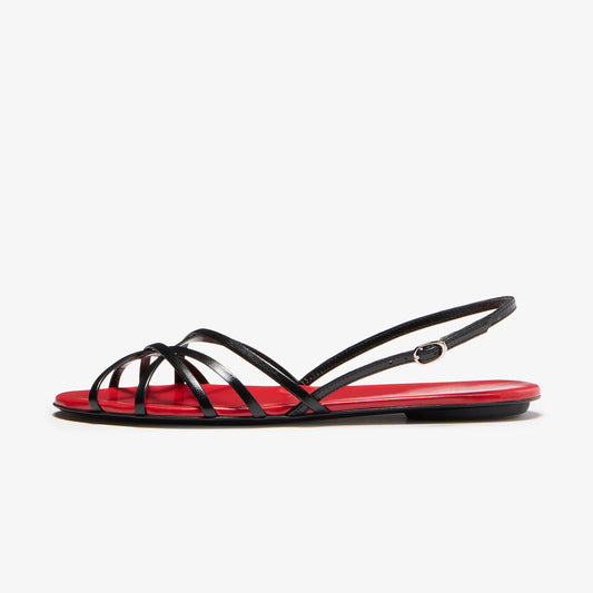 Black Round-Toe Strappy And Slingback Sandals Flats