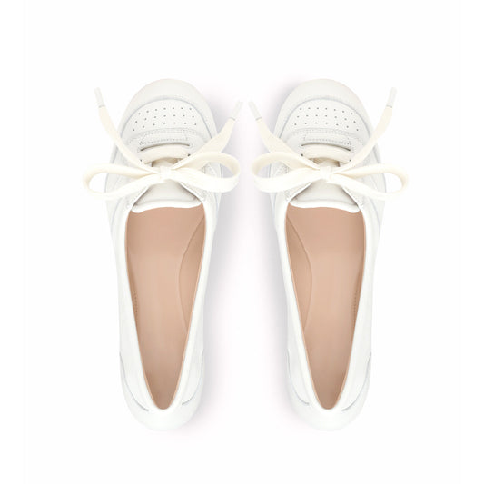 White Round-Toe Front Lace-Up Slip-On Ballet Flats