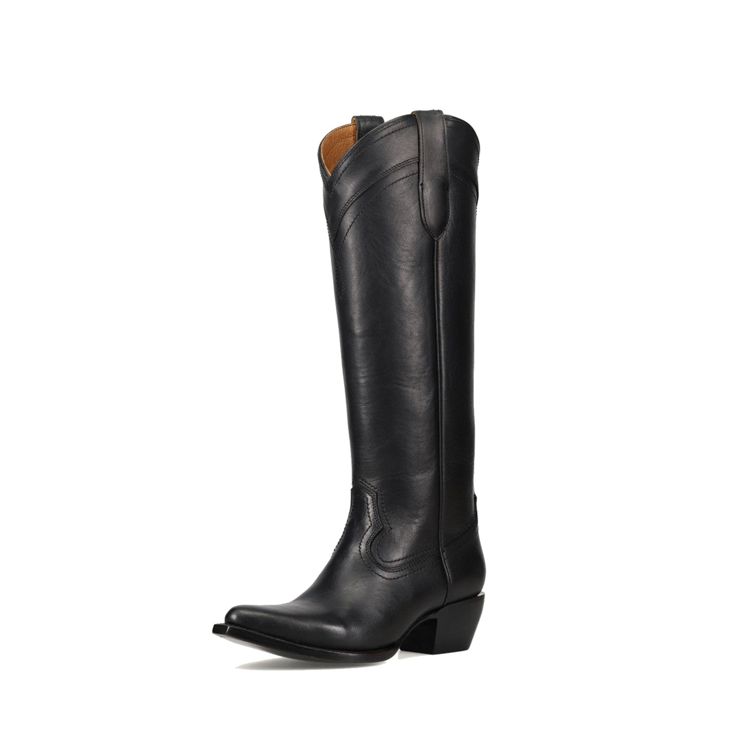 Black Almond-Toe Sleek Wide Calf Knee High Simple Cowgirl Boots