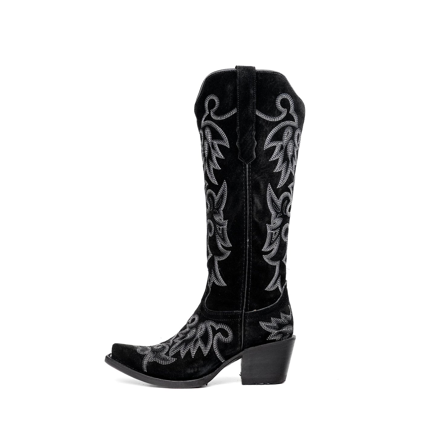 Black Faux Suede Snip-Toe Refined Embroidery Half-Zip Knee High Cowgirl Boots
