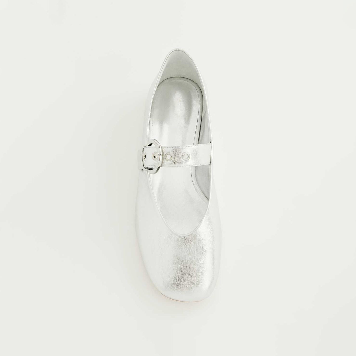 Metallic Silver Square-Toe Classic Buckle Bridge Strap Ballet Flats