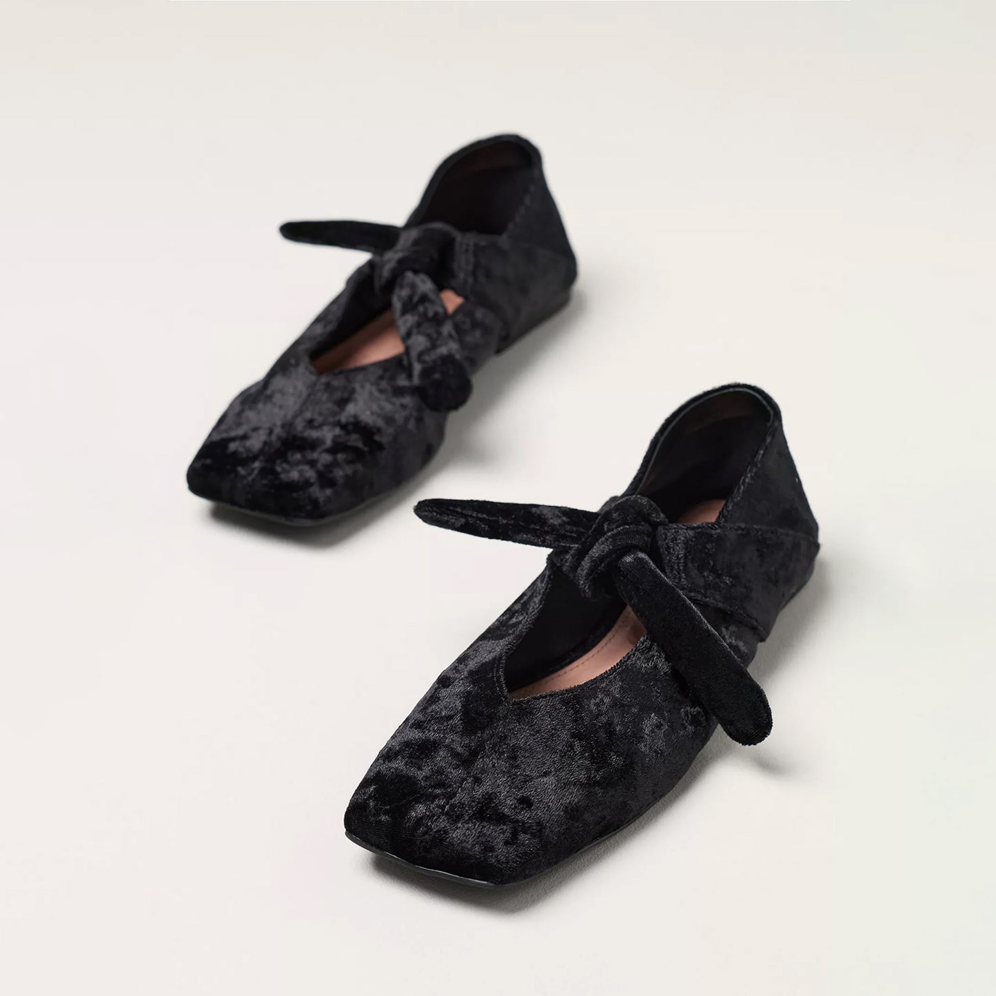 Black Velvet Square-Toe Center Lace-Up Ballet Flats