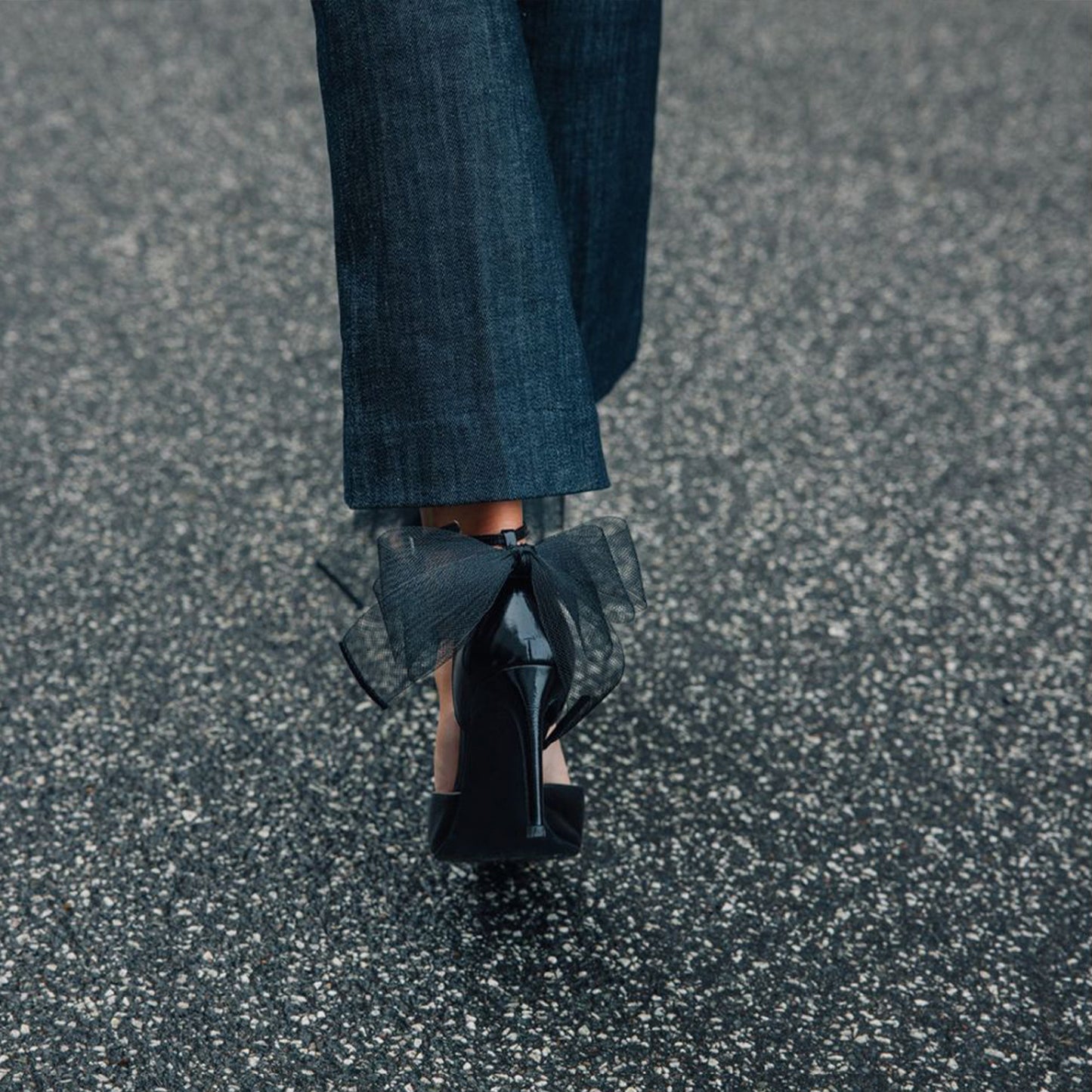 Black Pointed-Toe Chic Back Big Mesh Bow And Ankle Strap High Heels