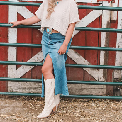 Ivory Snip-Toe Chic Embroidery Half-Zip Knee High Cowgirl Boots