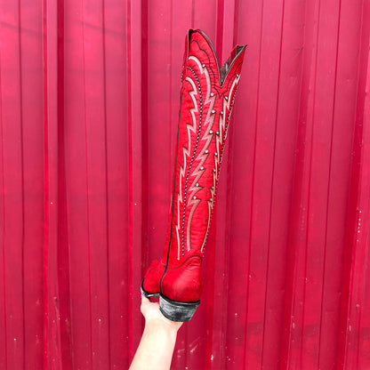 Red Snip-Toe Embroidery Rhinestone Wide Calf Knee High Cowgirl Boots