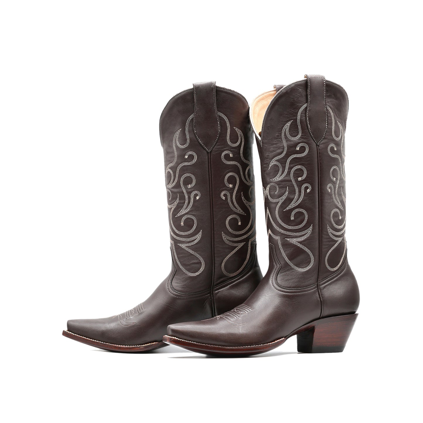 Dark Brown Snip-Toe Chic Embroidery Mid Calf Cowgirl Boots