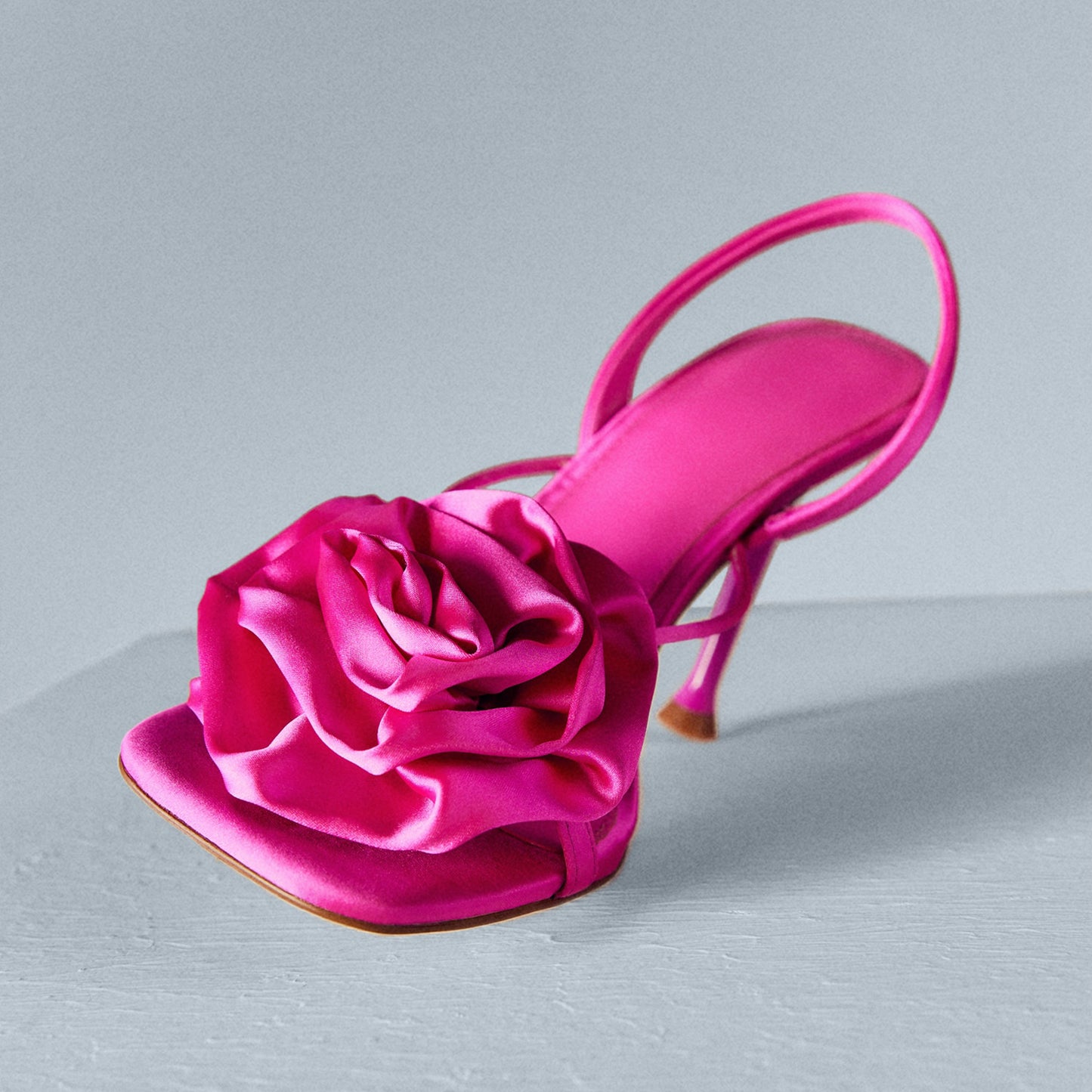 Fuchsia Satin Square-Toe Big Front Flower Slingback High Heels