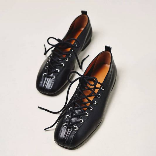 Black Square-Toe Tie-Up Grommet Ballet Flats