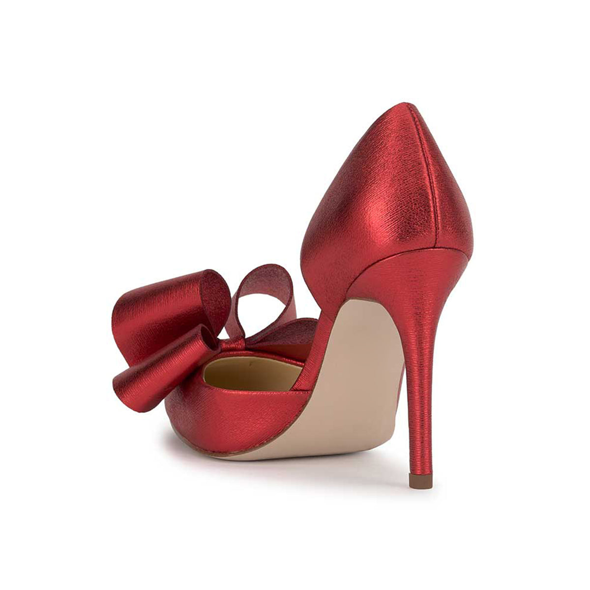 Metallic Red Pointed-Toe Front Big Bow Sleek Slip-On High Heels