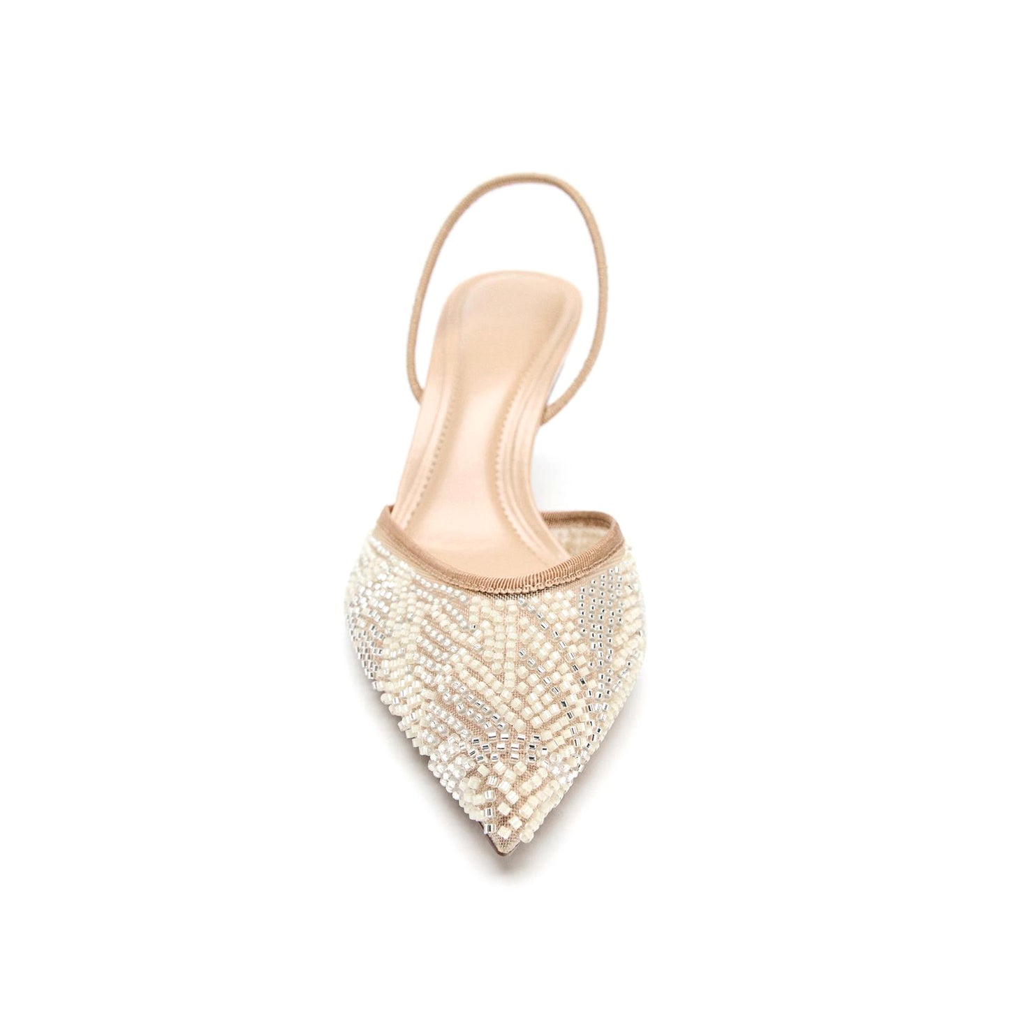Beige Mesh Pointed-Toe Sparkly Front And Elastic Slingback Kitten Heels
