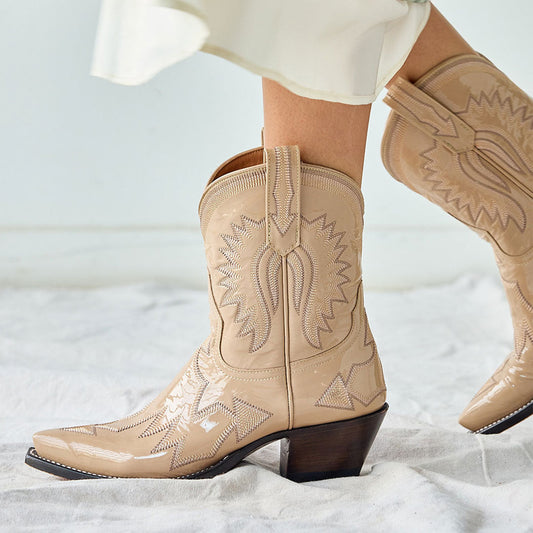 Patent Beige Snip-Toe Western Embroidery Ankle Cowgirl Boots