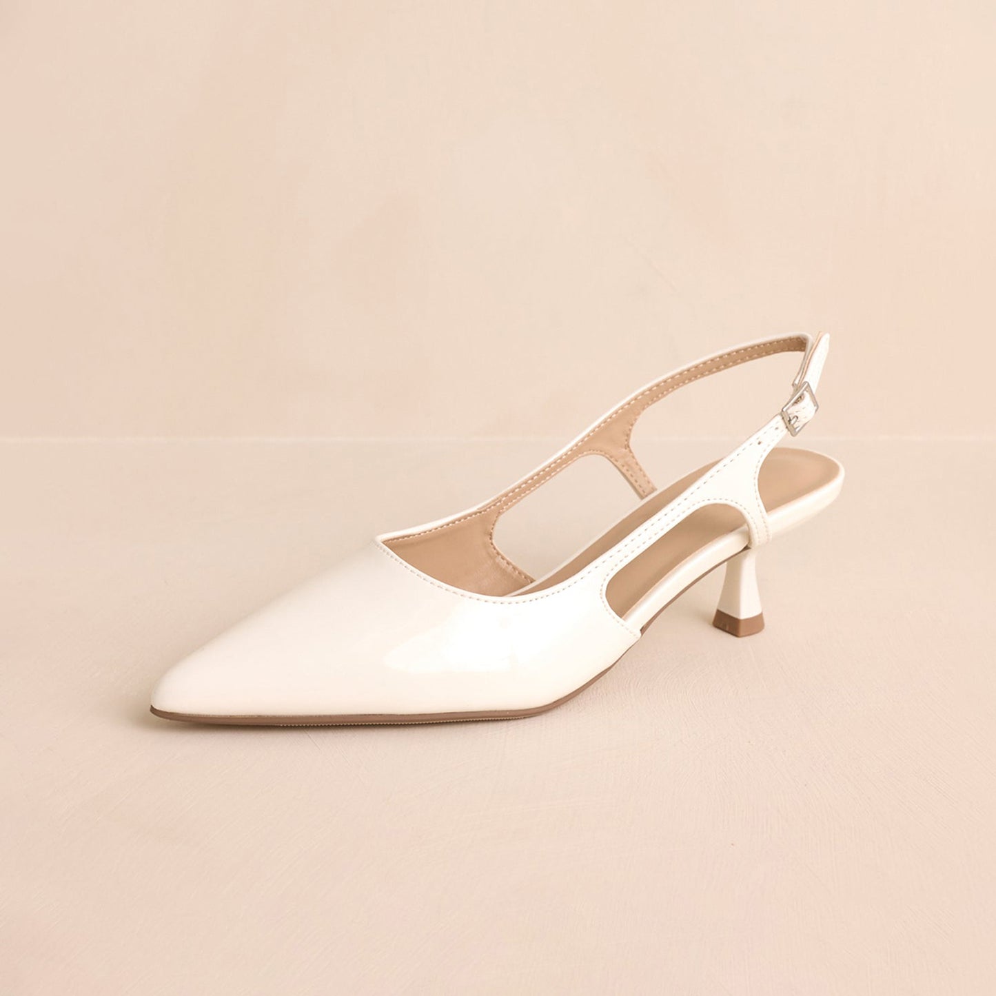 Patent White Pointed-Toe Classic Slingback Kitten Heels