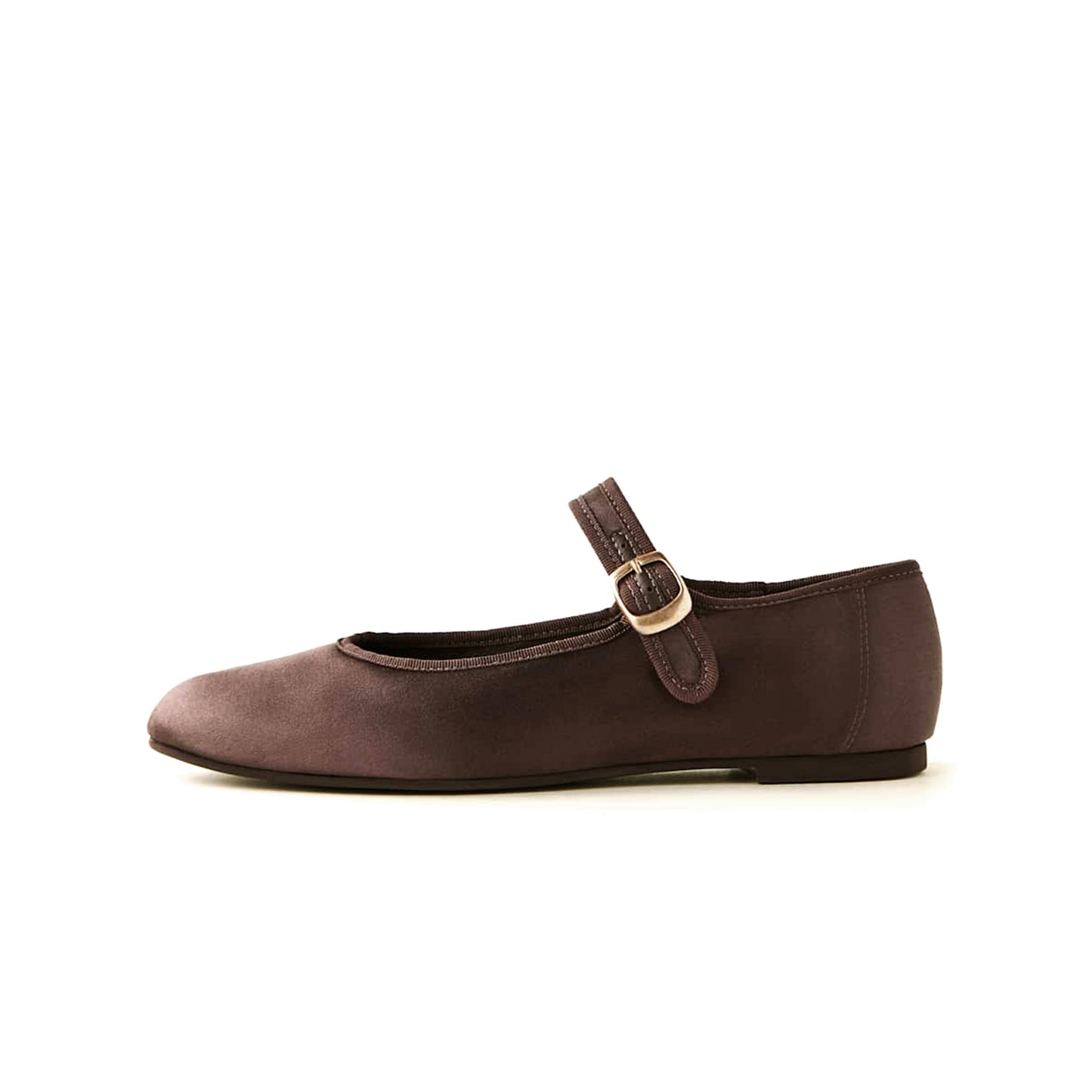 Chocolate Satin Round-Toe Bridge Strap Slip-On Flats