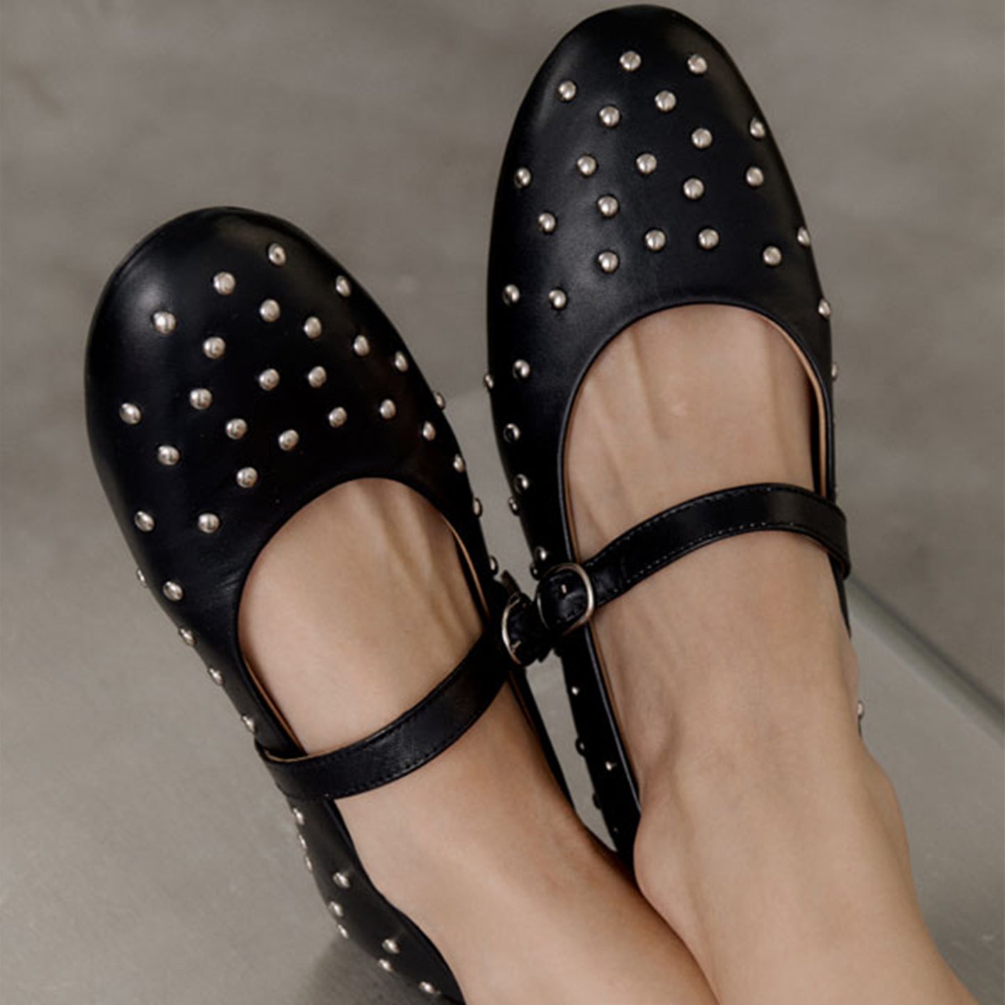 Black Round-Toe Full Studs And Buckle Mary Jane Ballet Flats