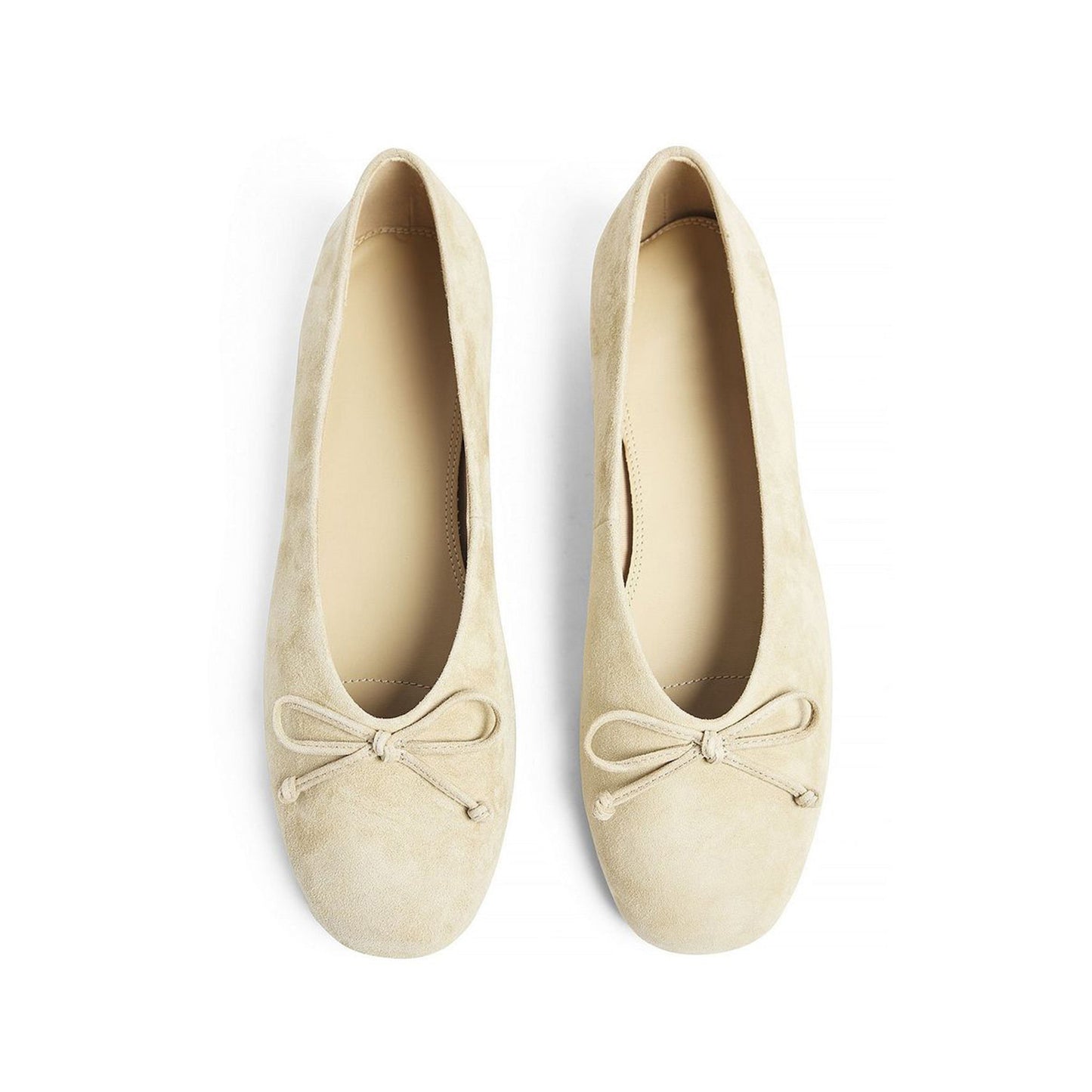 Light Beige Faux Suede Round-Toe Classic Front Bow Detail Ballet Flats