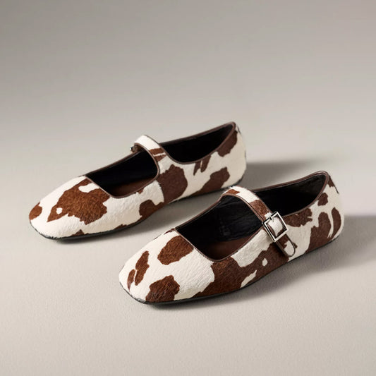 Cow Print Pony Hair Square-Toe Bridge Strap Mary Janes Flats