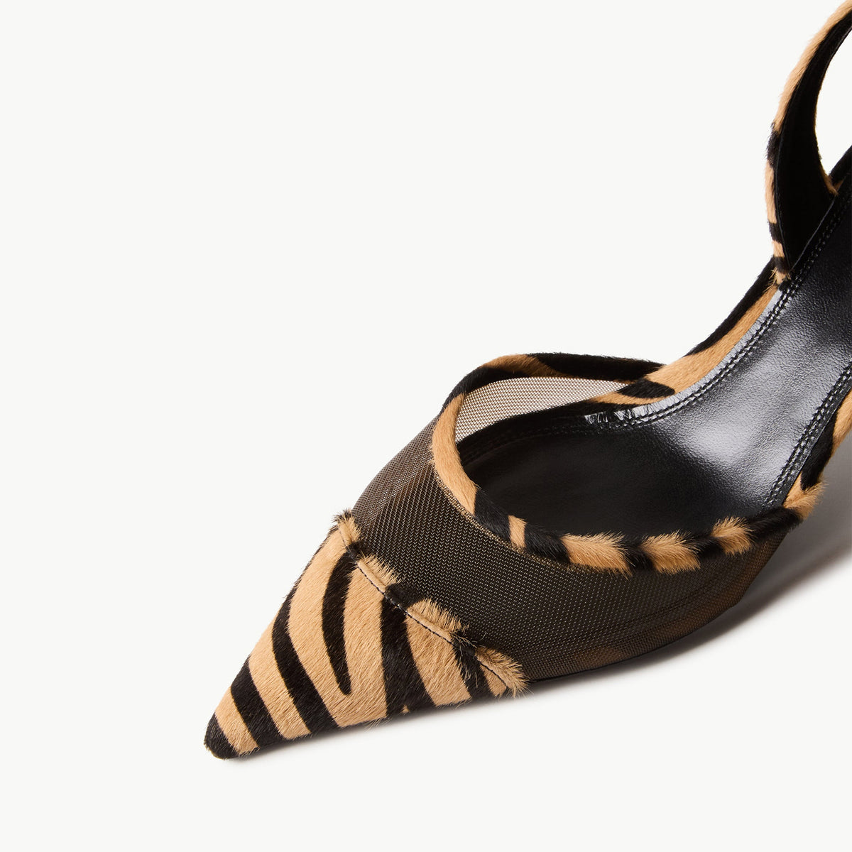 Mesh And Tiger Pattern Pointed-Toe Slingback Slip-On Kitten Heels