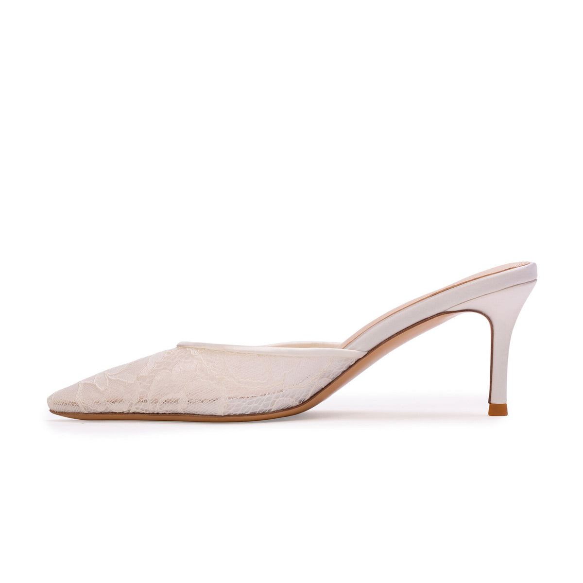 White Lace Mesh Pointed-Toe Backless Simple Kitten Heels
