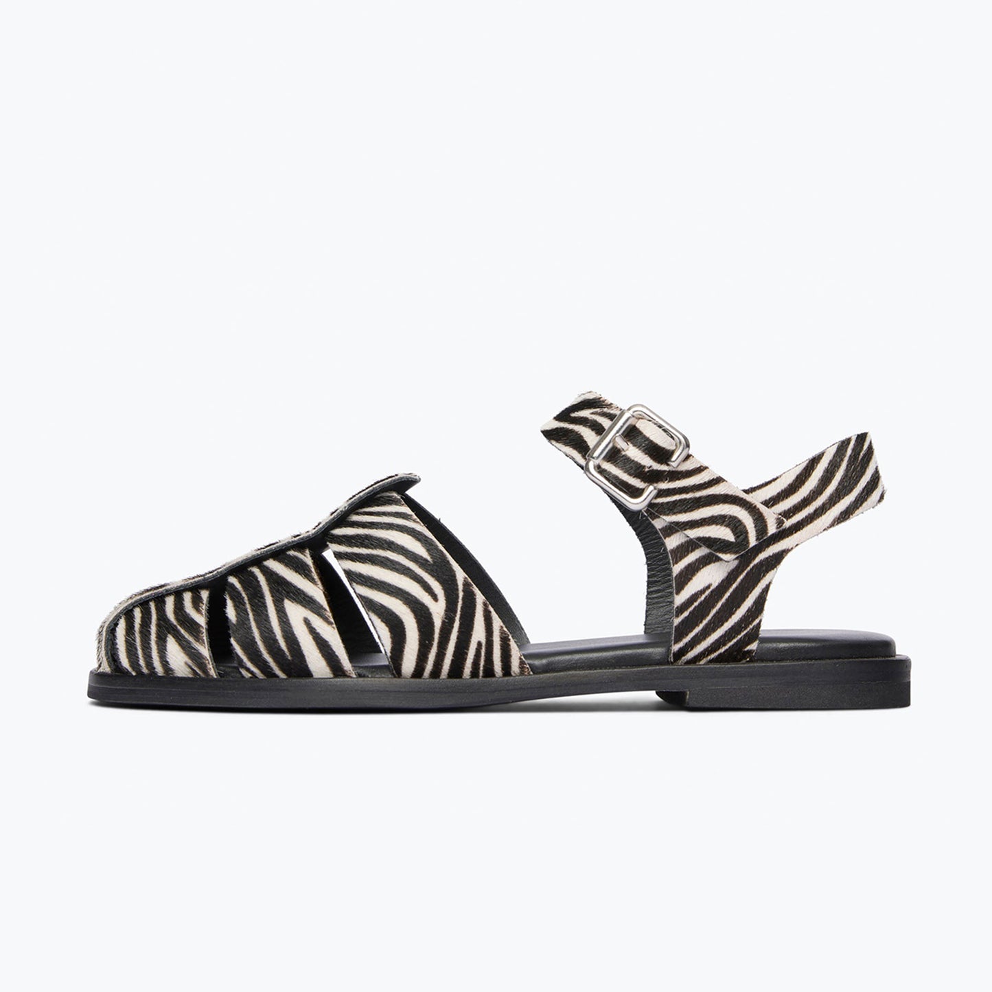 Zebra Pattern Pony Hair Vegan Leather Round-Toe Fisherman Sandals Flats