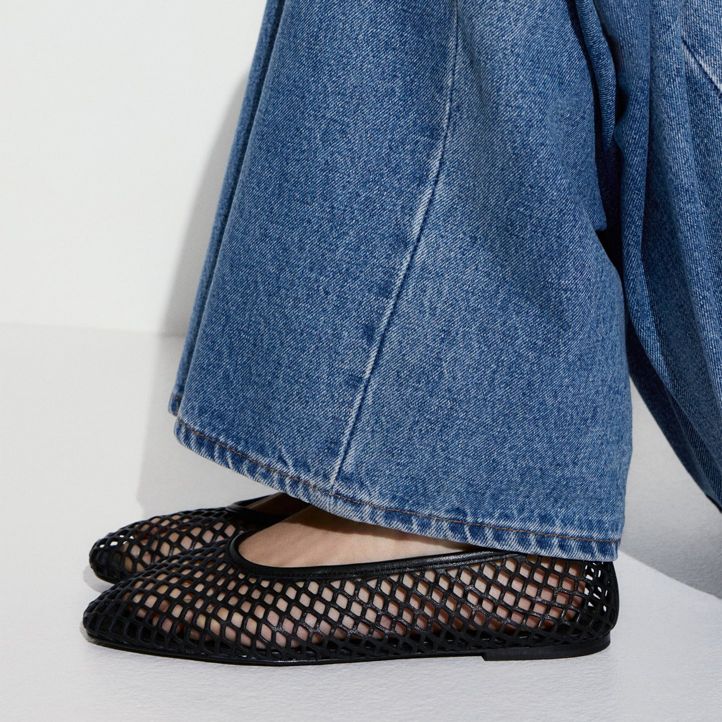 Black Square-Toe Perforated Ballet Flats With Ankle Strap