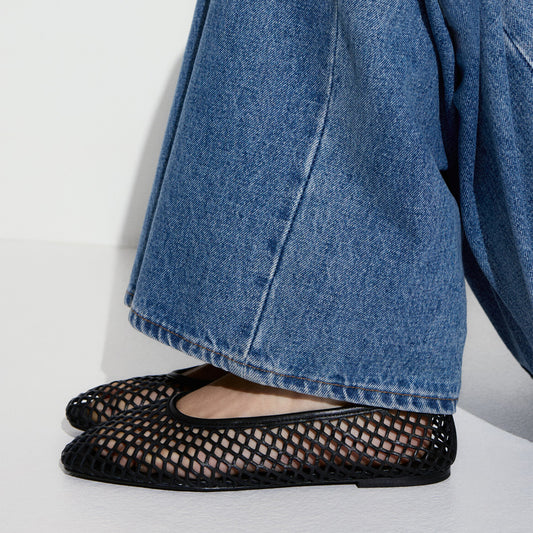 Black Square-Toe Perforated Ballet Flats With Ankle Strap