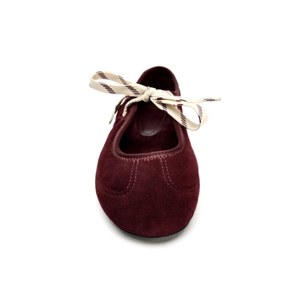 Burgundy Faux Suede Round-Toe Stitch Lace-Up Closure Ballet Flats