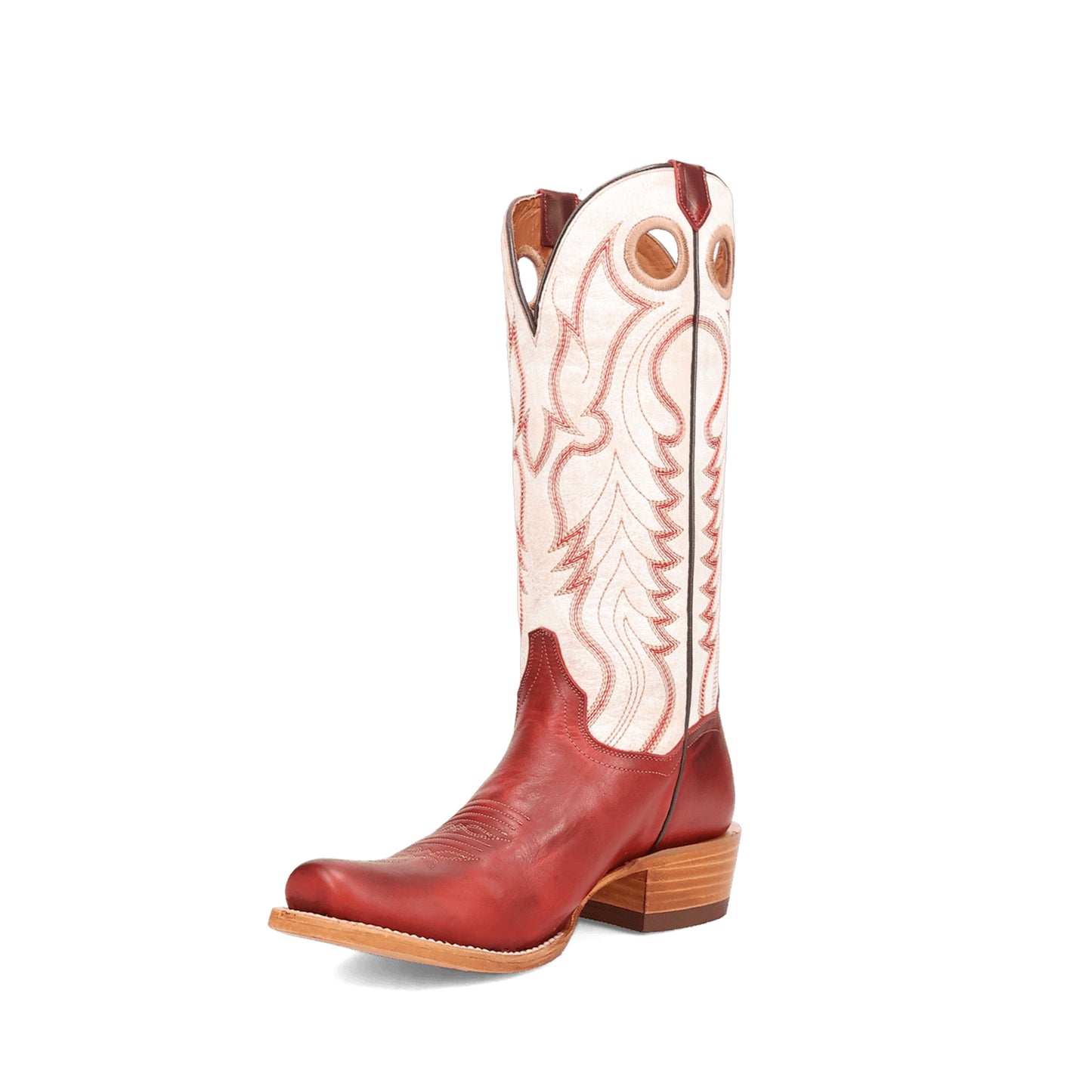 Contrast Ivory And Red Square-Toe Embroidery Cutout Mid Calf Cowgirl Boots