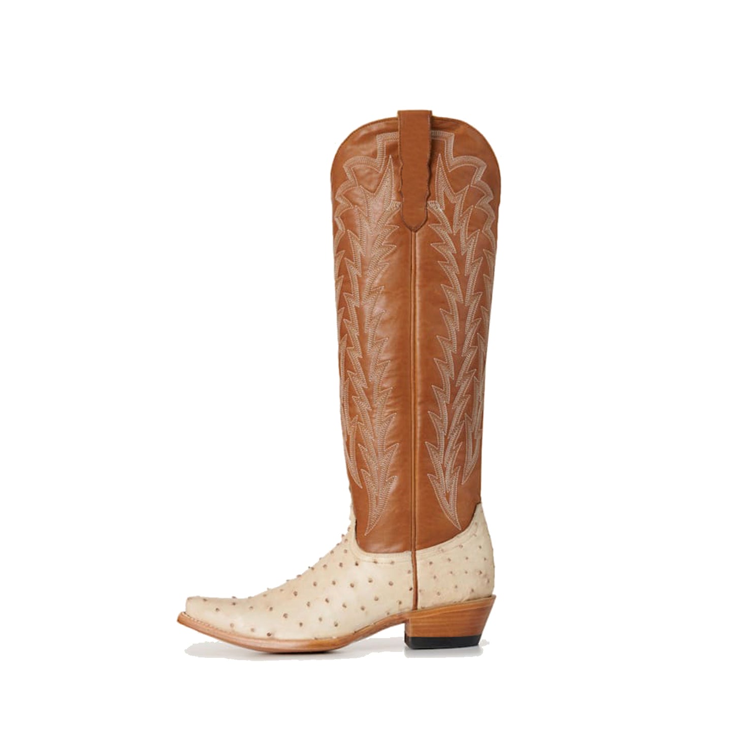 Contrast Brown And Bone Ostrich Print Snip-Toe Embroidery Classic Wide Calf Knee High Cowgirl Boots