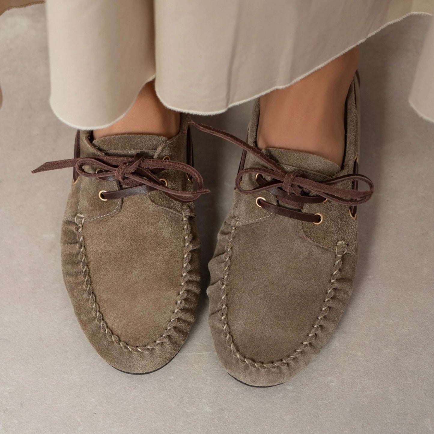 Taupe Cow Suede Round-Toe Laces Classic Loafers Flats