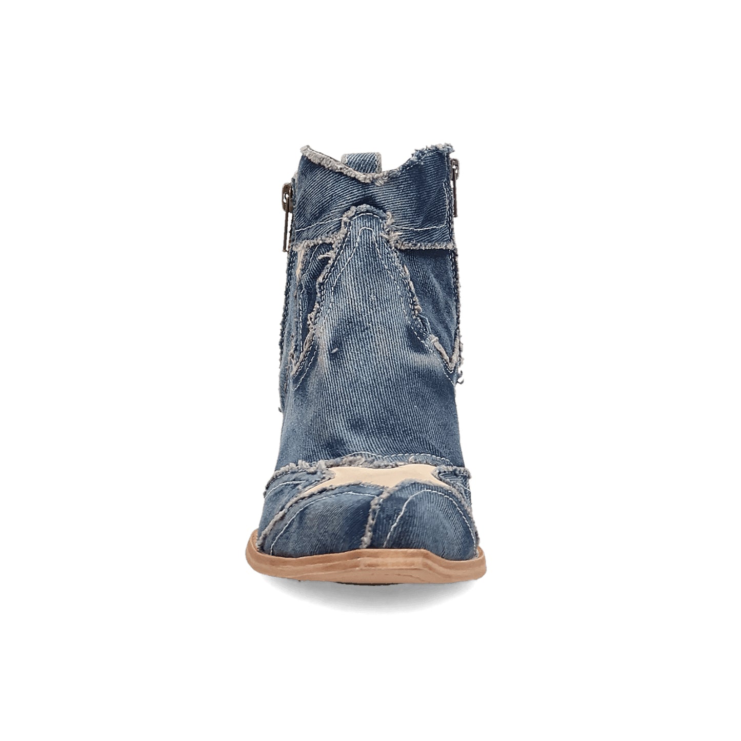 Blue Denim Snip-Toe Vegan Leather Star Inlay Full-Zip Ankle Cowgirl Boots