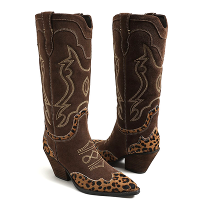 Contrast Brown And Leopard Pointed-Toe Embroidery Wide Calf Knee High Cowgirl Boots