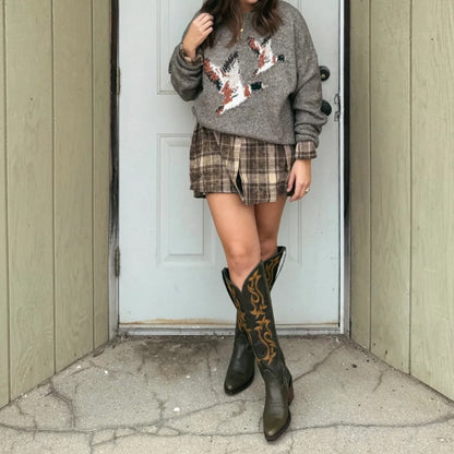 Olive Green Pointed-Toe Embroidery Full-Zip Knee High Cowgirl Boots