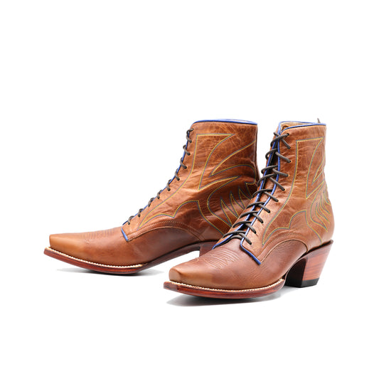 Brown Snip-Toe Embroidery Front Lace-Up Ankle Cowgirl Boots