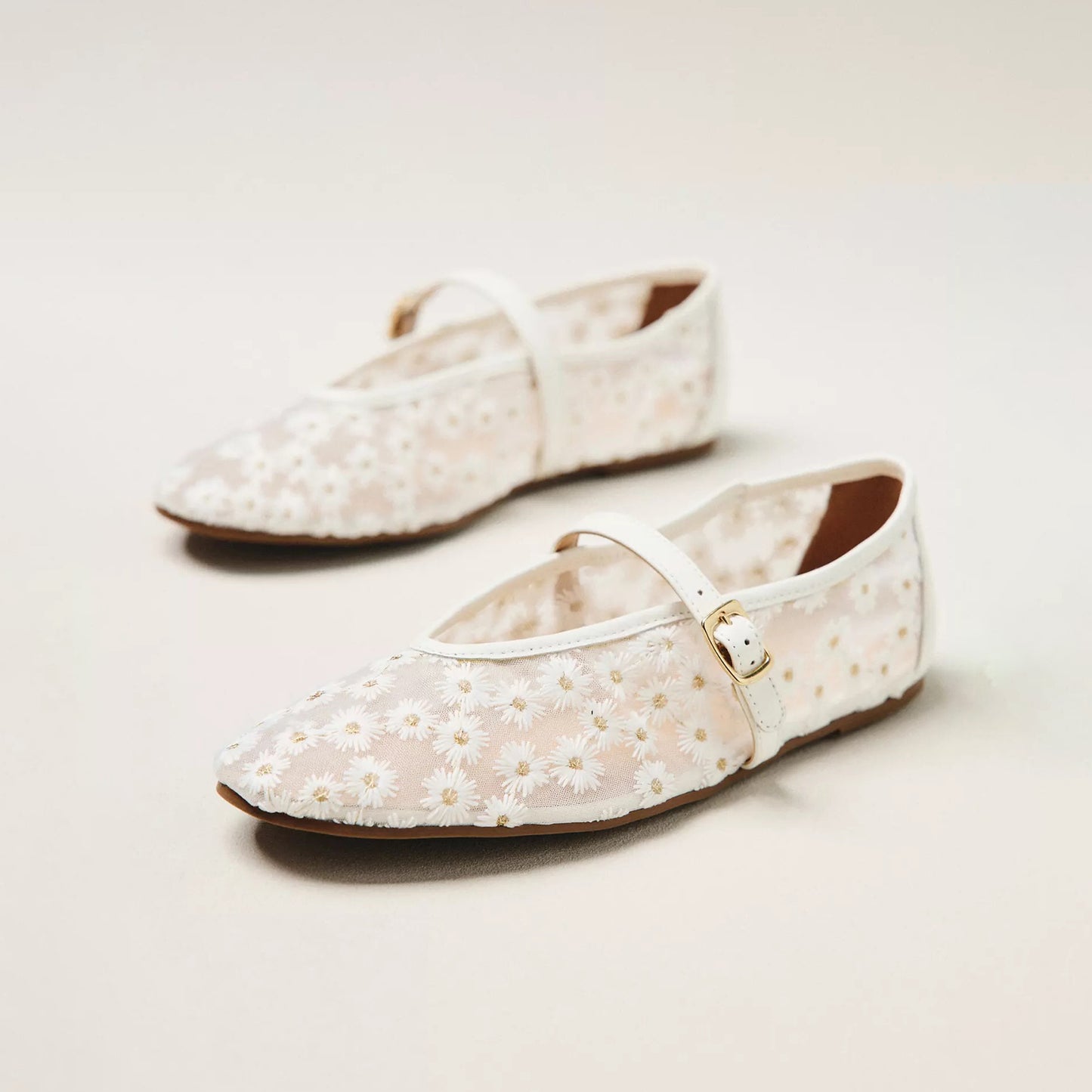 Cream Mesh Round-Toe Little Flowers Embroidery Mary Jane Ballet Flats