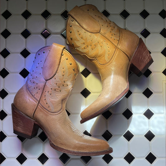 Tan Round-Toe Embroidery Studded Ankle Cowgirl Boots