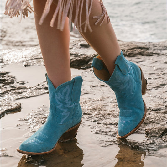 Blue Faux Suede Almond-Toe Embroidery Ankle Cowgirl Boots