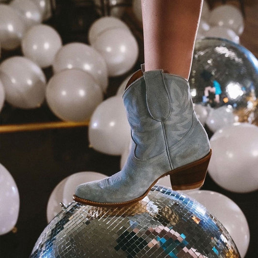 Light Blue Faux Suede Almond-Toe Embroidery Ankle Cowgirl Boots