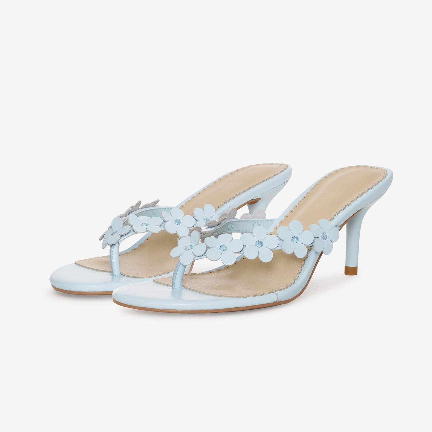 Sky Blue Square-Toe Floral Applique Flip-Flop Chic Kitten Heels