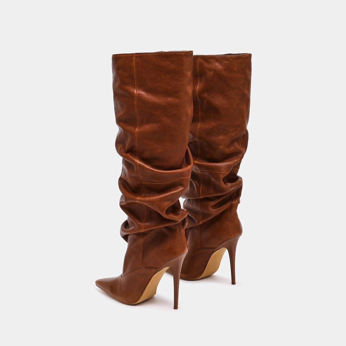 Brown Vegan Leather Pointed-Toe Simple Wide Calf Knee High Stiletto Boots