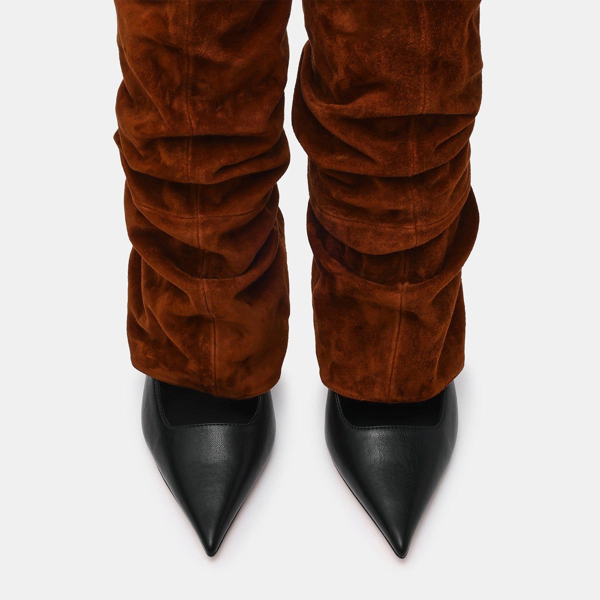 Brown Faux Suede And Black Vegan Leather Pointed-Toe Slip-On Mid Calf Stiletto Boots