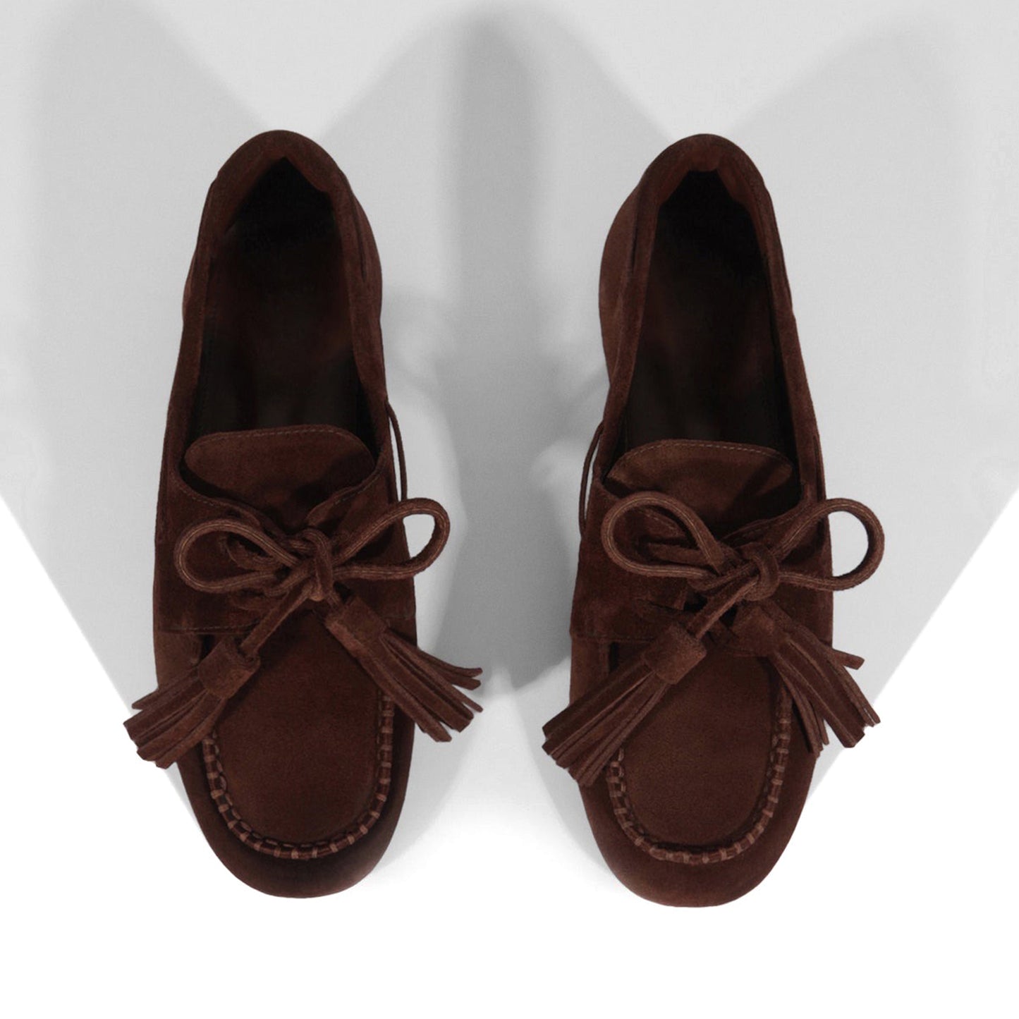 Coffee Faux Suede Square-Toe Front Bow With Fringe Slip-On Flats